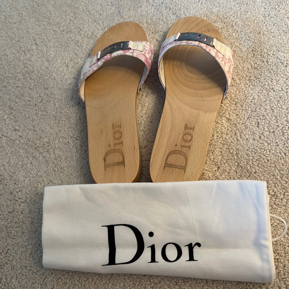 Super cute and trendy Dior wooden pink sandals.